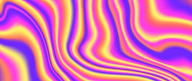 Psikedelik yanardöner arka plan. Parlak neon holografik duvar kağıdı. Mor, pembe, turuncu, dalgalı, sıvı eğimli doku. Pankart, poster, broşür ve kaplama için soyut asit trippy arka plan. Vektör