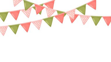 Kutlama bayrağı kiraz kuşu. Pist ve yeşil flamalar zinciri. Düğün, doğum günü, bebek partisi, gelin partisi için parti bayrakları. Vektör çizgi arkaplanı