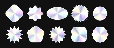 Holografik çıkartmalar ayarlandı. Hologram etiketleri koleksiyonu. Parlak gümüş folyo elementleri amblemler, etiketler, etiketler, rozetler, şablonlar, kolajlar için paketlenir. Vektör illüstrasyon paketi