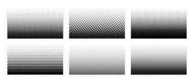 Yatay yarım ton eğimli arkaplan seti. Çizgi film desenli duvar kağıdı koleksiyonu. Siyah beyaz çizgi roman kapak paketi afiş, poster, baskı için. Pop sanat vektörü illüstrasyon paketi