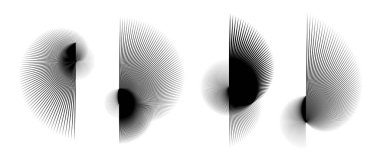 Soyut kıvrımlı dikenli elementler ayarlandı. Radyal spiral teller, nesne koleksiyonu. İnce dikenli yarım daire şekilleri ve posterler, kolajlar ve dekorasyon için açısal güneş patlaması demetleri. Vektör siyah gelecekçi paket