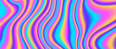 Psikedelik yanardöner arka plan. Parlak neon holografik duvar kağıdı. Mor mavi, pembe, dalgalı, sıvı eğimli doku. Pankart, poster, broşür ve kaplama için soyut asit trippy arka plan. Vektör