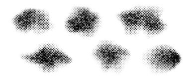 Soyut yarım ton doku lekeleri. Grunge gürültü tahıl şekilleri ayarlandı. Siyah çizgi roman spreyleri ve lekeler. Noktalı gradyan elementler ve sıçrama formları koleksiyonu. Vektör pop sanat paketi