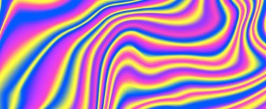 Psikedelik yanardöner arka plan. Parlak neon holografik duvar kağıdı. Mavi mor, mor, dalgalı, sıvı eğimli doku. Pankart, poster, kapak, kaplama için soyut asit trippy arka plan. Vektör 