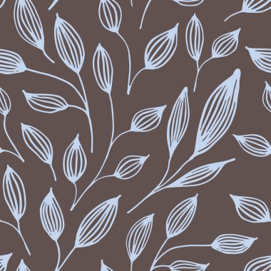 El çizimi, Çiçeksiz Desen, el yazısıyla çizilmiş duvar kağıdı. Tarzlı bitki yaprakları olan bir arka plan. Bitkisel bitki örtüsü ve vektör illüstrasyonu. 