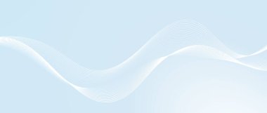 Dalgalanan düz dalga çizgileri dizaynı. Soyut akışkan kavisli çizgiler şablonu. Açık mavi arkaplanda beyaz sıvı şekil. Deniz suyu, rüzgar ya da hava konsepti. Vektör duvar kağıdı