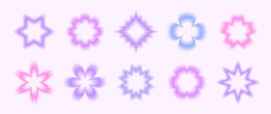 Y2k pürüzsüz eğimli çiçekler. Pastel bulanık çiçek aura koleksiyonu. Logo, şablon, rozet ve çıkartmalar için bulanık elementler. Vektör illüstrasyon paketi 