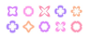 Y2k bulanık eğimli çiçekler. Bulanık çiçek aura koleksiyonu. Logo, şablon, rozet ve çıkartmalar için soyut moda öğeleri. Vektör paketi 