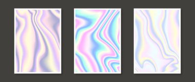 Bir dizi holografik geçmiş. Kart, broşür, el ilanı, poster, pankart ve kitapçık için gökkuşağı sıvısı gradyan duvar kağıdı koleksiyonu. Folyo yanardöner sıvı fon demetleri. Vektör pastel şablonlar paketi