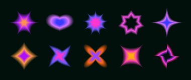 Bulanık çiçekler, yıldızlar ve kalpler. Y2K bulanık aura şekilleri koleksiyonu. Logo, şablon, rozet, çıkartma, kolaj ve dekorasyon için renkli neon elementler. Vektör paketi 