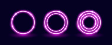 Neon pembe daire çerçeve seti. Aydınlatılmış parlak yuvarlak şekiller koleksiyonu. Pankart, poster ve kolaj için neon renkli ışıklandırma elementleri. Vektör parlayan işaretler çizim paketi 