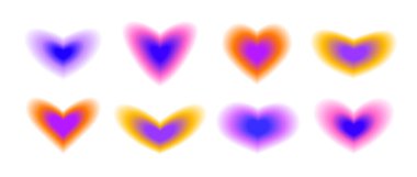 Y2k kalp şekli ayarlandı. Moda bulanık aura koleksiyonu. Logo, şablon, rozet, çıkartma ve kolaj için bulanık eğimli elementler. Vektör paketi