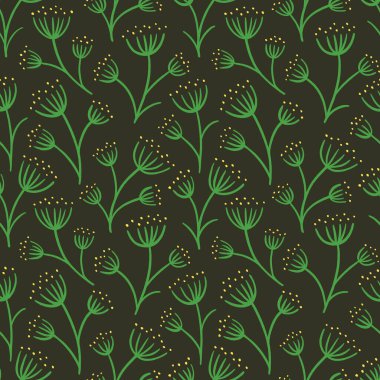 Kusursuz çiçek deseni. Tarzlı bitkilerle koyu bir arka plan. Basit botanik duvar kağıdı ve vektör illüstrasyonu. 
