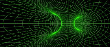 Solucan deliği kablo yapısı. Neon geometrik kafes ızgarası tünel arka planı. 3 boyutlu huni ya da girdap dokusu. Koyu arkaplanda yeşil soyut çizgiler. Vektör illüstrasyon duvar kağıdı