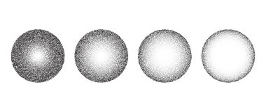 Doku eğimli küreler ayarlandı. Siyah noktalı daire koleksiyonu. Yuvarlak elementler toplanmış. Sönen gürültü tanecikli noktalama şekilleri. Yarım tonluk efekt çizimleri. Vintage retro vektörü 