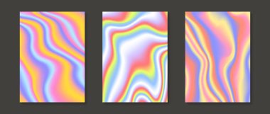 Holografik arka plan ayarlandı. Kart, broşür, el ilanı, poster, pankart ve kitapçık için gökkuşağı sıvısı gradyan duvar kağıdı koleksiyonu. Folyo yanardöner sıvı fon demetleri. Vektör renkli şablonlar paketi