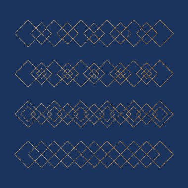 Altın geometrik desen oluşturuldu. Altın folyo, parlak efektlerle kabartmalı sınırlar. Eski noktalı ışıldayan süsler koleksiyonu. Bakır lüks tasarım seti. Vektör