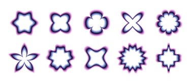 Y2k pürüzsüz eğimli çiçekler. Bulanık çiçekler ve yıldız koleksiyonu. Logo, şablon, rozet ve çıkartmalar için bulanık elementler. Vektör illüstrasyon paketi 