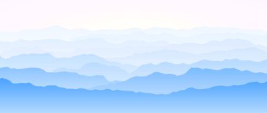 Gün batımında ya da gün doğumunda dağ siluetleri. Sabah panoramik manzara manzarası. Dağ sırtları ve tepeler arka planda. Sis ve sisli mavi pembe tepeler. Vektör manzara çizimi