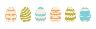 Renkli Paskalya yumurtaları. Farklı şekillerde mavi, turuncu ve yeşil yumurta ikonu koleksiyonu. Pankart, poster, kart, davetiye, çıkartma için Doodle tarzı Paskalya illüstrasyon paketi. Vektör paketi 