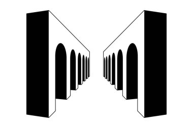 Doğrusal yay galeri yolu. Siyah ve beyaz sürreal geçit elementi. Perspektifte Retro 3D atari salonu. Kolaj, poster, pankart, broşür için klasik sütun tüneli konsepti. Vektör sanatı