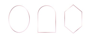 Gül sarısı ince çerçeveler. Sanat deco tarzında pembe altın geometrik sınırlar. İnce doğrusal elmas, elips, kemer koleksiyonu. Folyo parlayan parlak yatılı element paketi. Fotoğraf, kadro, dekor için vektör destesi