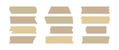 Bej yapıştırıcı bant seti. Yırtık kenarlı çizgili viski şeritleri. Plastik koli bandı koleksiyonu. Paket paketi için yapışkan maskeleme kağıdı, boş etiket, etiket, çıkartma, dekorasyon. Vektör paketi