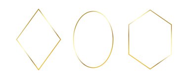 Altın ince çerçeveler ayarlandı. Sanat deco tarzında altın geometrik sınırlar. İnce doğrusal elmas, elips ve eşkenar dörtgen koleksiyonu. Sarı parlayan parlak yatılı element paketi. Fotoğraf, kadro, dekor için vektör destesi