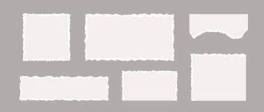 Yırtık kağıt parçaları koleksiyonu. Sivri kenarları düz olmayan açık bej şekiller. Farklı kağıt parçaları sökülmüş. Kolaj, metin kutusu, afiş, etiket, poster için desenli grunge element paketi. Vektör