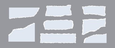 Açık mavi yırtık kağıt parçaları. Düz olmayan kenarları olan şekiller. Yırtılmış farklı kağıt parçaları koleksiyonu. Kolaj, metin kutusu, afiş, etiket, poster için desenli grunge element paketi. Vektör