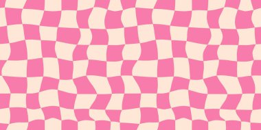 Kusursuz pembe dama tahtası deseni. Bozuk kareli dokuyu tekrar ediyorum. İlginç, tuhaf, soyut bir arkaplan. Tekstil, kumaş, ambalaj kağıdı için antika duvar kağıdı. Vektör kontrol yüzeyi