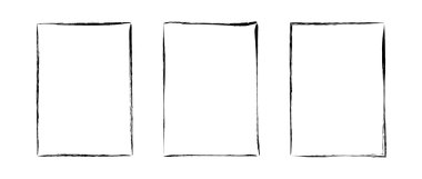 Grunge dikdörtgen çerçeve seti. Farklı boya fırçalı sınır koleksiyonu. Pankart, poster, el ilanı, broşür ve kapak için siyah tebeşir ya da mürekkep dikdörtgen biçiminde düzensiz tasarım unsurları. Vektör A4 kardı