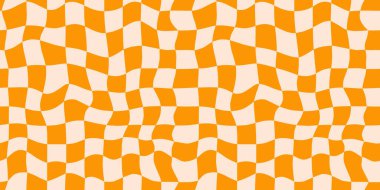 Kusursuz turuncu sıvı dama tahtası deseni. Tekrarlanan deforme dokular. İlginç, soyut yüzeysel arka plan. Tekstil, kumaş, ambalaj kağıdı için vektör vintage duvar kağıdı