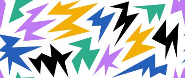 Renkli düzensiz kıvılcım ve pırıltısız desen. Sarı, mor, mavi ve yeşil keskin şekiller arka planda tekrarlanıyor. Parlak, keskin kenarlı, süslemeli duvar kağıdı. Parlak çocuk odası arka planı tekrarlandı