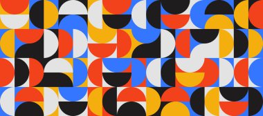 Parlak yarım daire, kusursuz desen. Soyut geometrik yarım daire ve kare arkaplan. Renkli İsviçreli modernist ya da postmodernist stil duvar kağıdı. Vektör kırmızı, mavi, siyah modüler yinelenen arkaplan