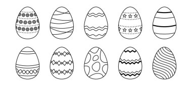 Paskalya yumurtası koleksiyonu. Yay doğrusal yumurta ikonu farklı desenlere sahip. Kart, davetiye, baskı, çıkartma, afiş, poster için Doodle tarzı Paskalya illüstrasyon paketi. Vektör siyah ve beyaz demet