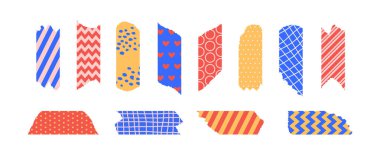 Kalıplı bant seti. Yırtık kenarlı dekoratif viski şeritleri. Plastik koli bandı koleksiyonu. Paket paketi için yapışkan washi çizgileri, boş etiket, etiket, çıkartma. Vektör