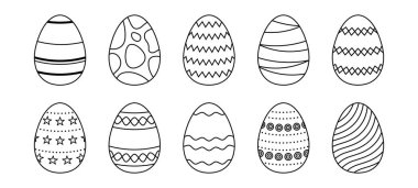 Siyah ve beyaz Paskalya yumurtaları. Farklı desenlere sahip doğrusal yumurta simgeleri. Kart, davetiye, baskı, çıkartma, afiş, poster için Doodle tarzı Paskalya illüstrasyon paketi. Vektör paketi