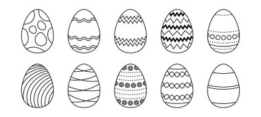 Paskalya yumurtası. Yay doğrusal yumurta ikonu koleksiyonu ve farklı desenler. Kart, davetiye, baskı, çıkartma, afiş, poster için Doodle tarzı Paskalya illüstrasyon paketi. Vektör siyah ve beyaz demet