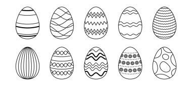 Siyah ve beyaz Paskalya yumurtaları. Farklı süslemeleri olan bahar doğrusal yumurta ikonu koleksiyonu. Pankart, poster, kart, davetiye, baskı, çıkartma için Doodle tarzı Paskalya resimleme paketi. Vektör paketi