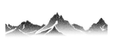 Siyah yarım tonlu dağ çizimi. Grunge desenli arazi silueti. Solan kumlu tepe zinciri duvar kağıdı. İğrenç noktalı dağ tepe arkaplanı. Vektör kar kaybolan kaya arazisi