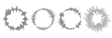 Radyal ses dalgası deseni ayarlandı. Daire şeklinde güneş ışınları patlamış. Dairesel ses, müzik veya ses simgesi koleksiyonu. Yuvarlak dengeleyici spektrum sembol paketi. Vektör siyah dalgalı ses dalgası merkezi elementleri