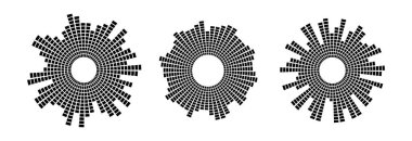 Siyah radyal ses dalgası düzeni ayarlandı. Dairesel ses, müzik veya ses simgesi koleksiyonu. Yuvarlak dalgalı dengeleyici spektrum sembolü paketi. Güneş yanığı demetini çember yapın. Vektör ses dalgası gösterimi