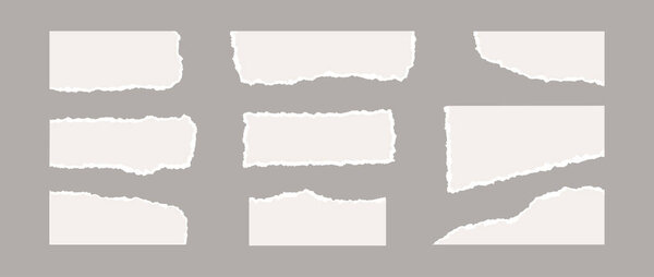 Torn paper piece collection. Beige shapes with jagged uneven edges. Ripped different paper fragment set. Textured grunge element bundle for collage, text box, banner, sticker, poster, flyer. Vector