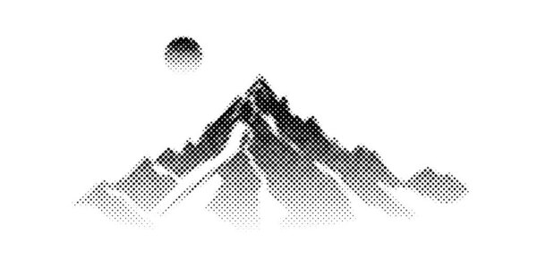 Black halftone mountain range. Grunge texture landscape terrain silhouette. Fading grainy hill chain wallpaper. Grunge dotted noise mountain peak background. Vector scenery rock illustration