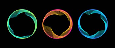 Neon karışımı daire çizgileri ayarlandı. Renkli, parlak, yuvarlak teknoloji çerçeve koleksiyonu. Siyah arka planda kıvrımlı dalgalı çizgiler. Parlak eğimli dairesel sınır paketi. Vektör tasarım ögesi paketi
