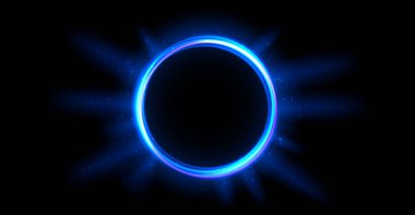 Mavi parlak portal konsepti. Siyah arkaplanda neon hologram ışınlanması. Dijital geçidi aura, kirişler ve ışınlarla çevreleyin. Oyun için yuvarlak işaret fişeği şablonu, evet, arayüz. Vektör illüstrasyonu