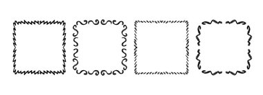 Kare el dalgalı çerçeve seti. Siyah kıvırcık kurdele koleksiyonu. Vektör karalanmış dantel kadrolu çerçeveler. Davetiye, düğün, doğum günü, tebrik kartı tasarımı için eğri büğrü sınır paketi