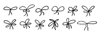 Boya kalemi el yapımı yay takımı. Kara karalanmış kurdele yay koleksiyonu. Karalanmış karalanmış fırça darbeleri hediye paketi, hediye, paket dekorasyonu. Çizilmiş tebeşirle boyanmış düğümler. Vektör