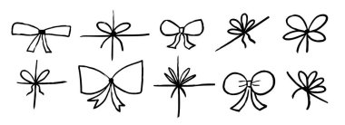 Boya kalemi el yapımı yay koleksiyonu. Siyah karalanmış kurdele yayları hazır. Dokulu fırça darbesi hediye paketi, paket ve hediye dekorasyonu için karalanmış elementler. Çizilmiş tebeşirle boyanmış düğümler. Vektör